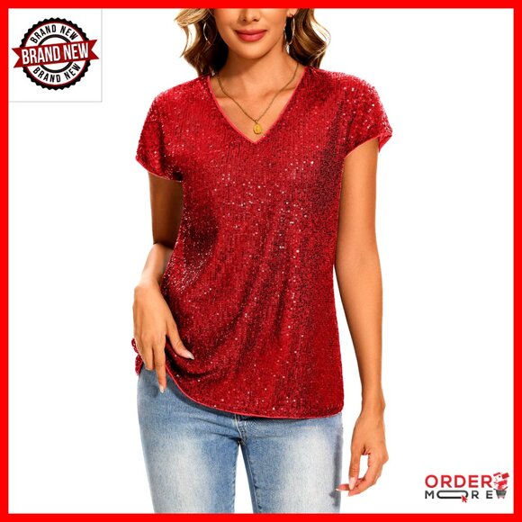 Sequin Glitter Party Top V-Neck Cap Sleeve Loose Fit Blouse Tunic